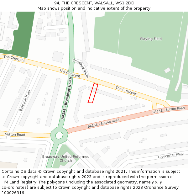 94, THE CRESCENT, WALSALL, WS1 2DD: Location map and indicative extent of plot