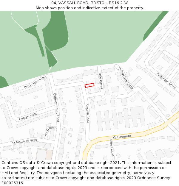 94, VASSALL ROAD, BRISTOL, BS16 2LW: Location map and indicative extent of plot