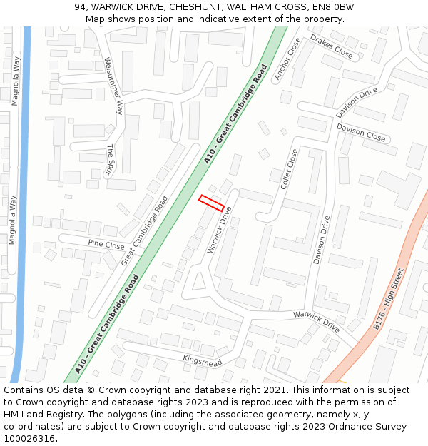 94, WARWICK DRIVE, CHESHUNT, WALTHAM CROSS, EN8 0BW: Location map and indicative extent of plot