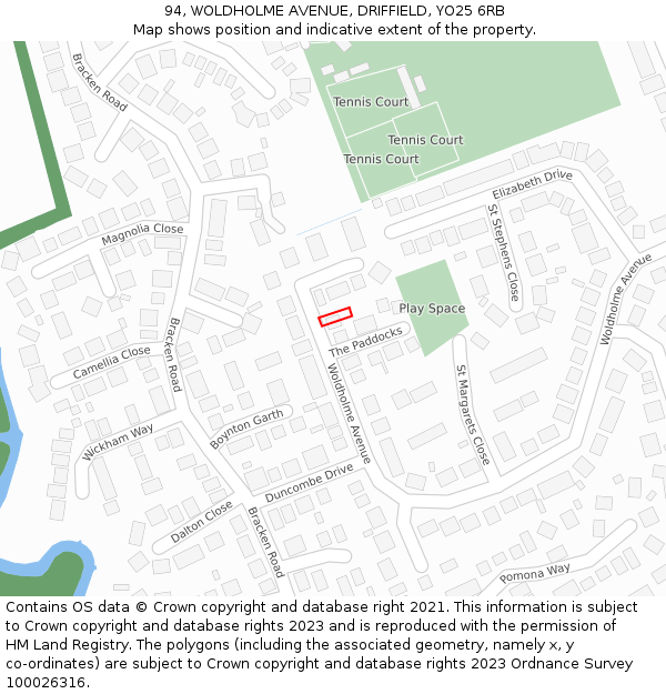 94, WOLDHOLME AVENUE, DRIFFIELD, YO25 6RB: Location map and indicative extent of plot