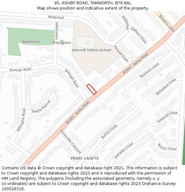 95, ASHBY ROAD, TAMWORTH, B79 8AL: Location map and indicative extent of plot