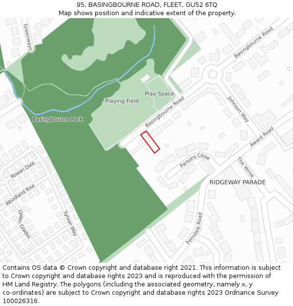 95, BASINGBOURNE ROAD, FLEET, GU52 6TQ: Location map and indicative extent of plot