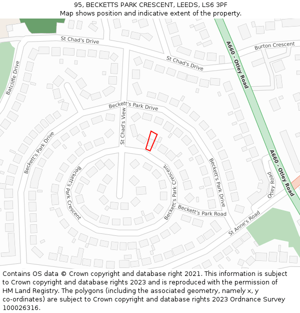 95, BECKETTS PARK CRESCENT, LEEDS, LS6 3PF: Location map and indicative extent of plot