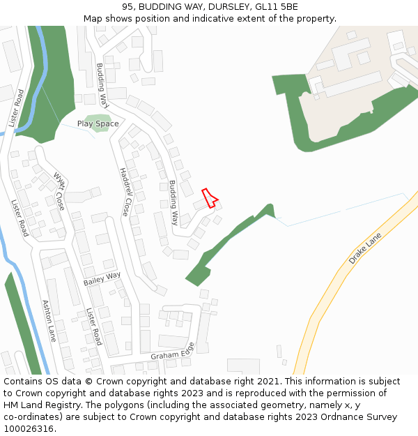 95, BUDDING WAY, DURSLEY, GL11 5BE: Location map and indicative extent of plot