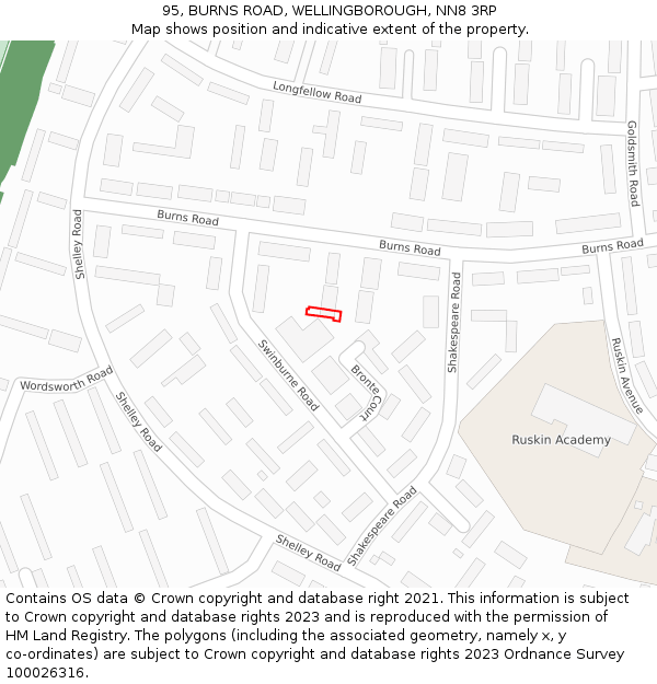 95, BURNS ROAD, WELLINGBOROUGH, NN8 3RP: Location map and indicative extent of plot