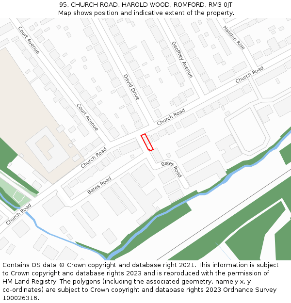 95, CHURCH ROAD, HAROLD WOOD, ROMFORD, RM3 0JT: Location map and indicative extent of plot