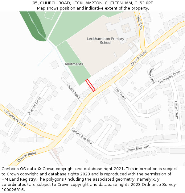 95, CHURCH ROAD, LECKHAMPTON, CHELTENHAM, GL53 0PF: Location map and indicative extent of plot