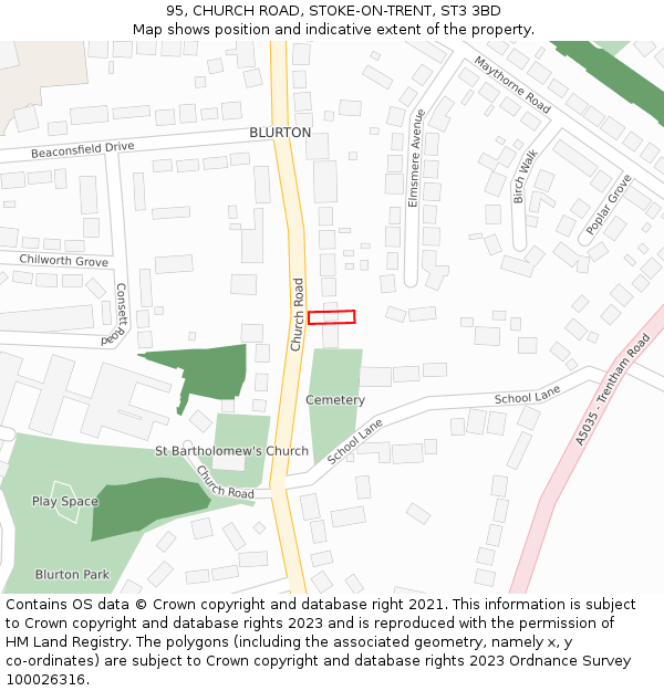 95, CHURCH ROAD, STOKE-ON-TRENT, ST3 3BD: Location map and indicative extent of plot