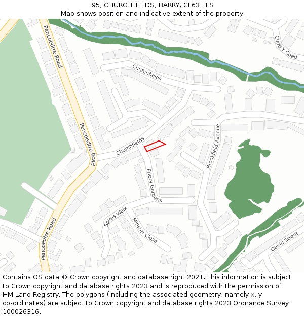 95, CHURCHFIELDS, BARRY, CF63 1FS: Location map and indicative extent of plot