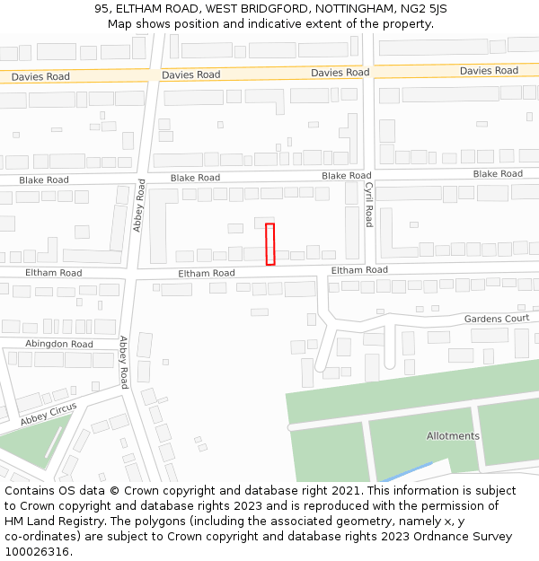 95, ELTHAM ROAD, WEST BRIDGFORD, NOTTINGHAM, NG2 5JS: Location map and indicative extent of plot