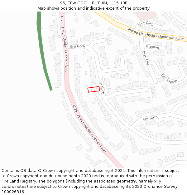 95, ERW GOCH, RUTHIN, LL15 1RR: Location map and indicative extent of plot