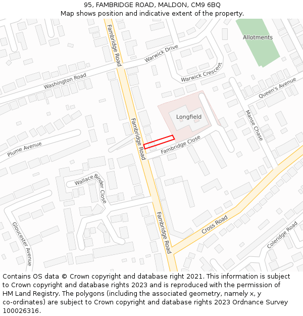 95, FAMBRIDGE ROAD, MALDON, CM9 6BQ: Location map and indicative extent of plot