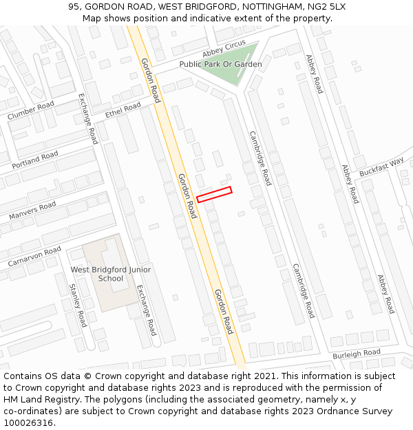 95, GORDON ROAD, WEST BRIDGFORD, NOTTINGHAM, NG2 5LX: Location map and indicative extent of plot