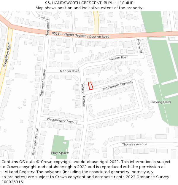 95, HANDSWORTH CRESCENT, RHYL, LL18 4HP: Location map and indicative extent of plot