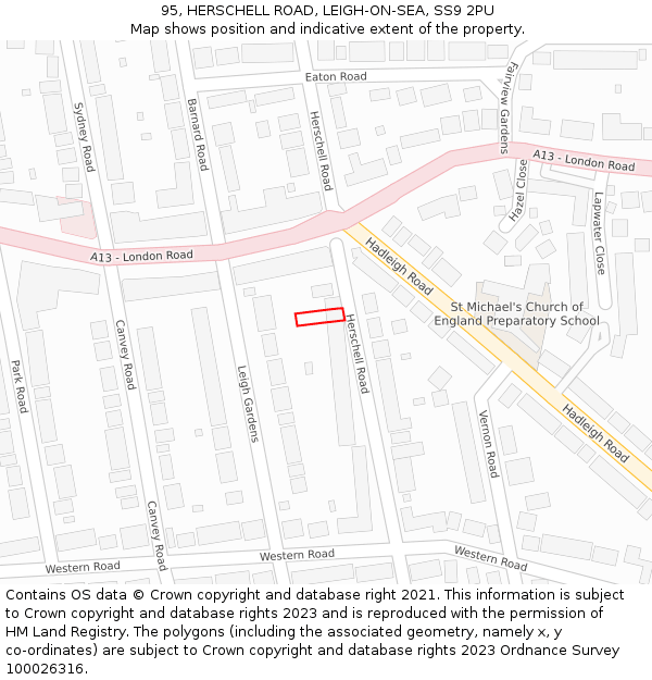 95, HERSCHELL ROAD, LEIGH-ON-SEA, SS9 2PU: Location map and indicative extent of plot