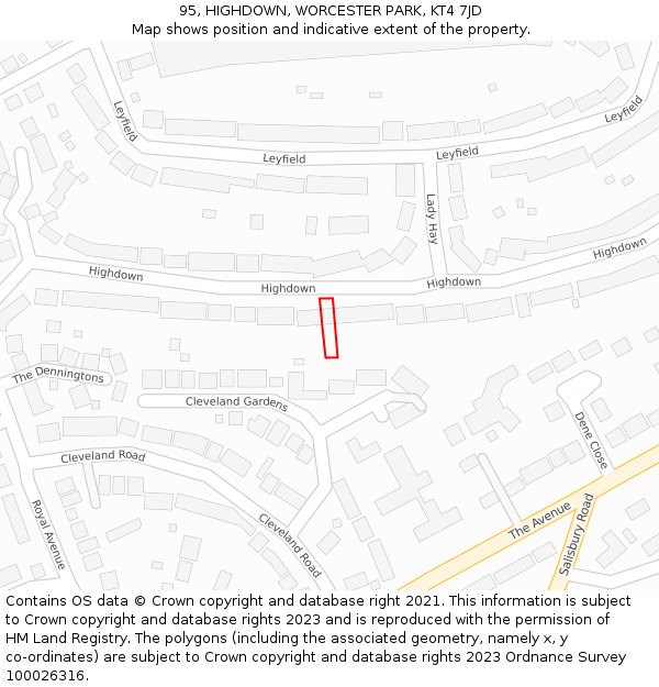 95, HIGHDOWN, WORCESTER PARK, KT4 7JD: Location map and indicative extent of plot