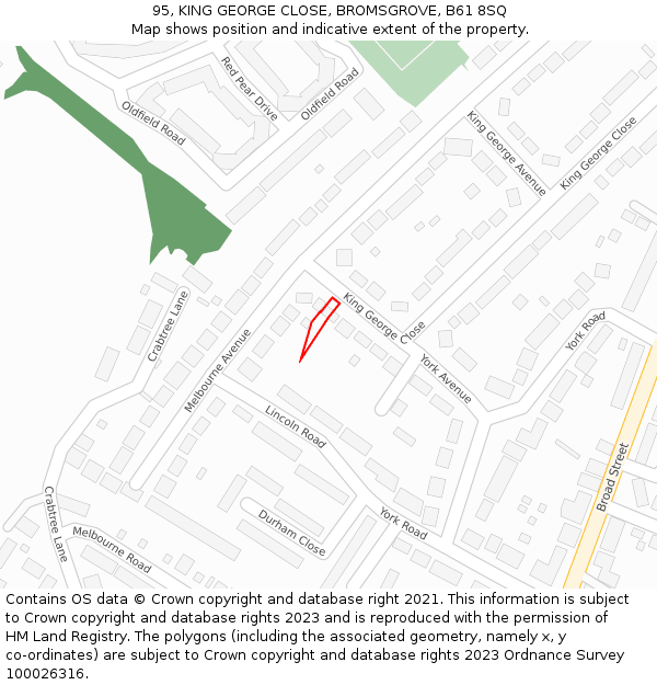 95, KING GEORGE CLOSE, BROMSGROVE, B61 8SQ: Location map and indicative extent of plot