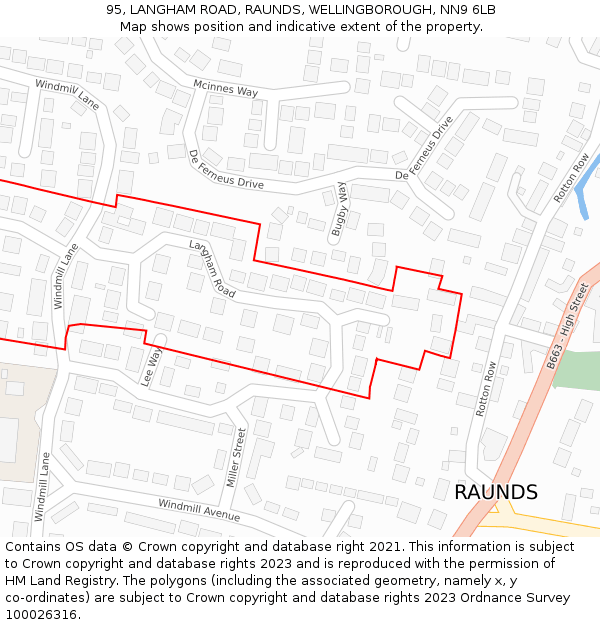 95, LANGHAM ROAD, RAUNDS, WELLINGBOROUGH, NN9 6LB: Location map and indicative extent of plot