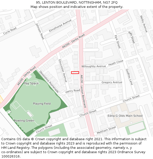 95, LENTON BOULEVARD, NOTTINGHAM, NG7 2FQ: Location map and indicative extent of plot