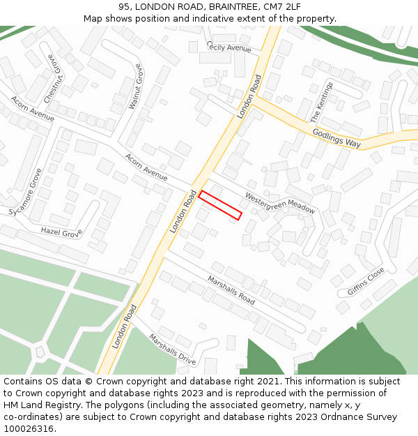 95, LONDON ROAD, BRAINTREE, CM7 2LF: Location map and indicative extent of plot