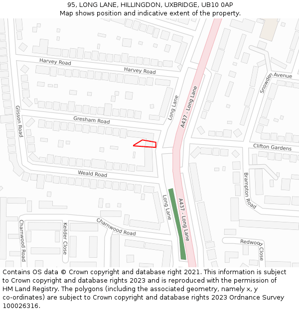 95, LONG LANE, HILLINGDON, UXBRIDGE, UB10 0AP: Location map and indicative extent of plot