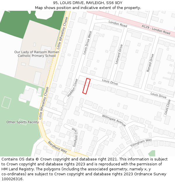 95, LOUIS DRIVE, RAYLEIGH, SS6 9DY: Location map and indicative extent of plot