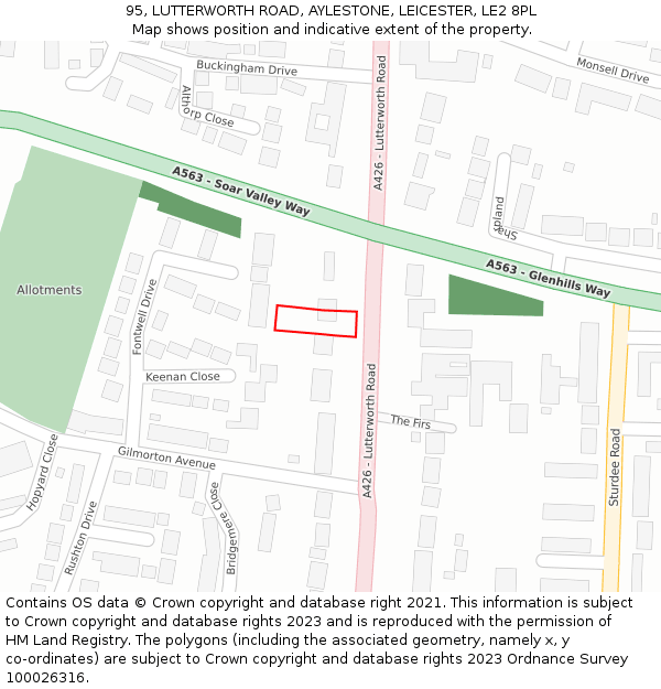 95, LUTTERWORTH ROAD, AYLESTONE, LEICESTER, LE2 8PL: Location map and indicative extent of plot