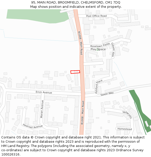 95, MAIN ROAD, BROOMFIELD, CHELMSFORD, CM1 7DQ: Location map and indicative extent of plot