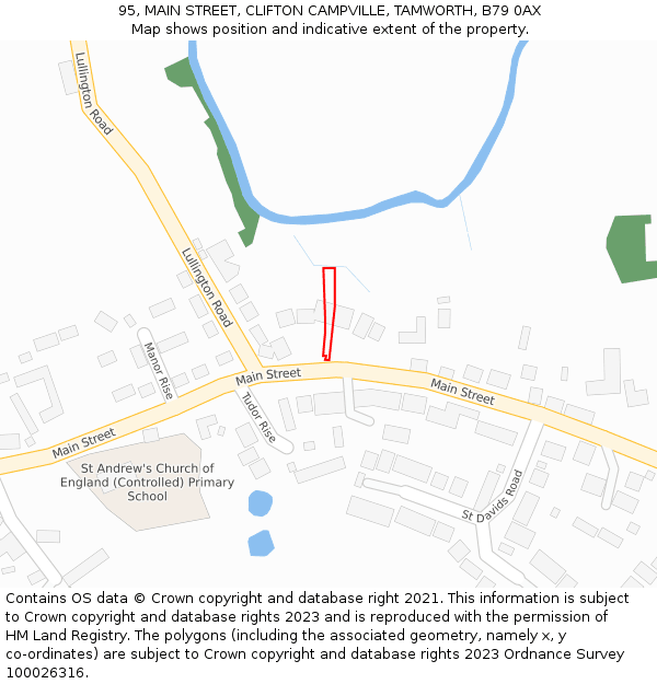 95, MAIN STREET, CLIFTON CAMPVILLE, TAMWORTH, B79 0AX: Location map and indicative extent of plot