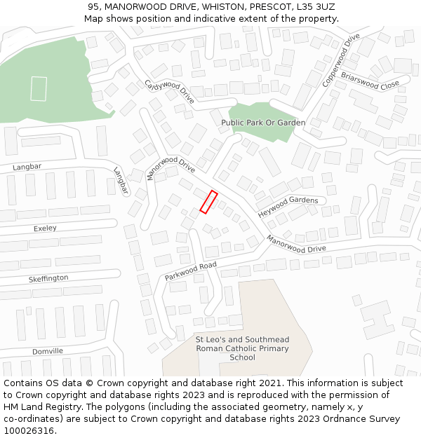 95, MANORWOOD DRIVE, WHISTON, PRESCOT, L35 3UZ: Location map and indicative extent of plot