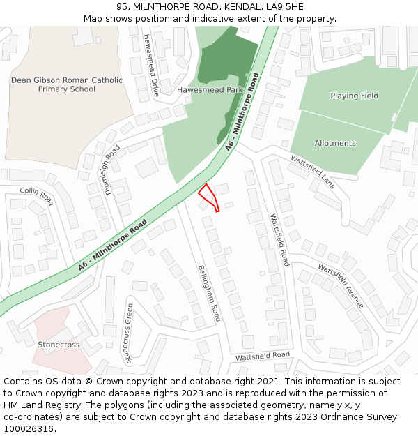 95, MILNTHORPE ROAD, KENDAL, LA9 5HE: Location map and indicative extent of plot