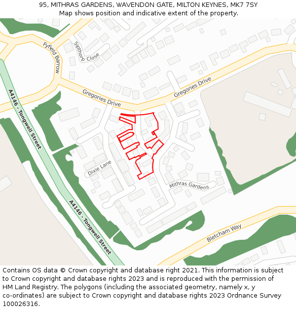 95, MITHRAS GARDENS, WAVENDON GATE, MILTON KEYNES, MK7 7SY: Location map and indicative extent of plot