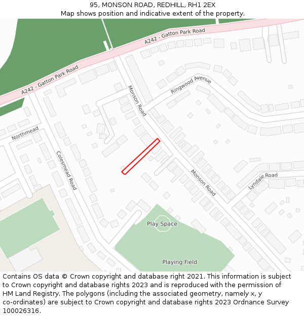 95, MONSON ROAD, REDHILL, RH1 2EX: Location map and indicative extent of plot