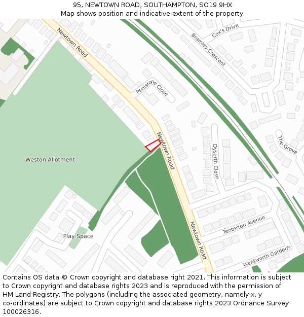 95, NEWTOWN ROAD, SOUTHAMPTON, SO19 9HX: Location map and indicative extent of plot