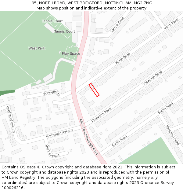 95, NORTH ROAD, WEST BRIDGFORD, NOTTINGHAM, NG2 7NG: Location map and indicative extent of plot