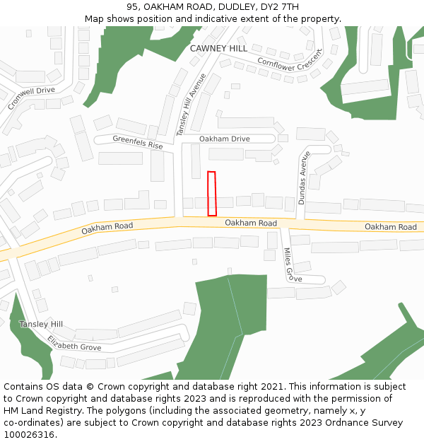 95, OAKHAM ROAD, DUDLEY, DY2 7TH: Location map and indicative extent of plot