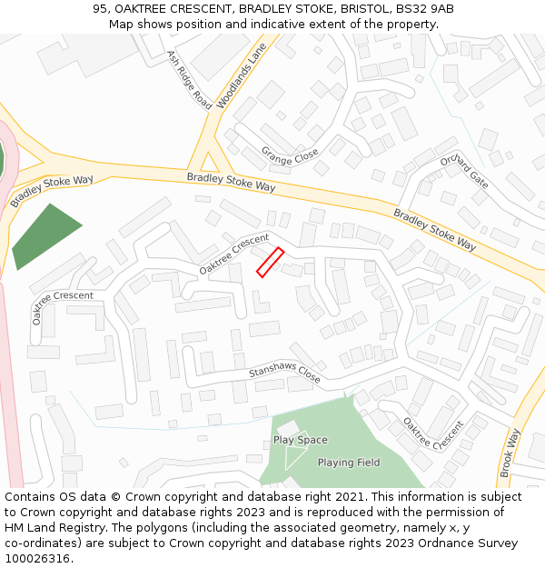 95, OAKTREE CRESCENT, BRADLEY STOKE, BRISTOL, BS32 9AB: Location map and indicative extent of plot