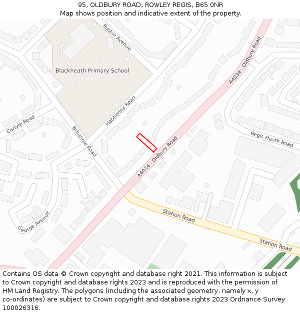 95, OLDBURY ROAD, ROWLEY REGIS, B65 0NR: Location map and indicative extent of plot