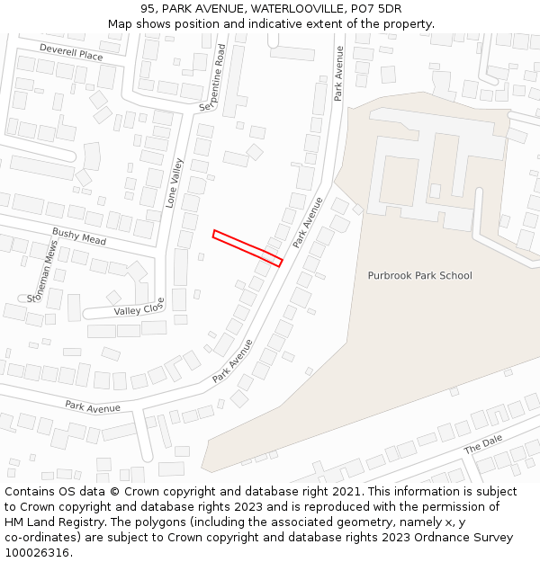 95, PARK AVENUE, WATERLOOVILLE, PO7 5DR: Location map and indicative extent of plot