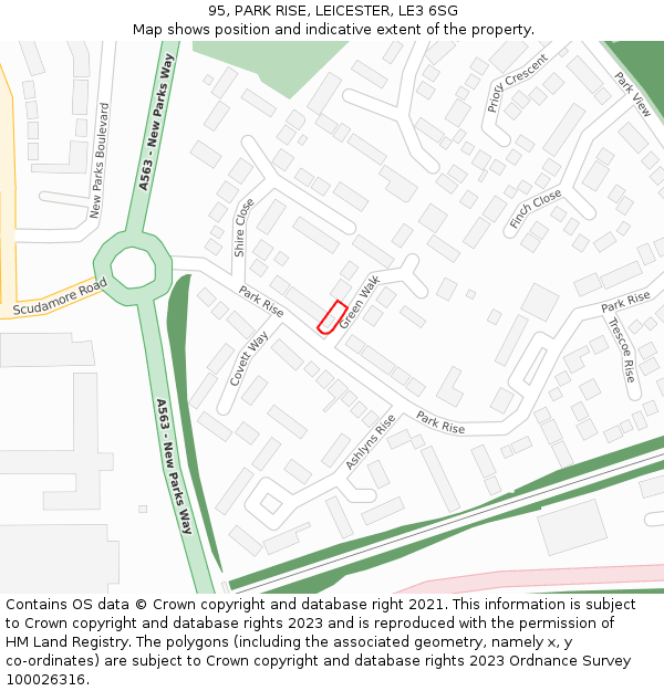 95, PARK RISE, LEICESTER, LE3 6SG: Location map and indicative extent of plot