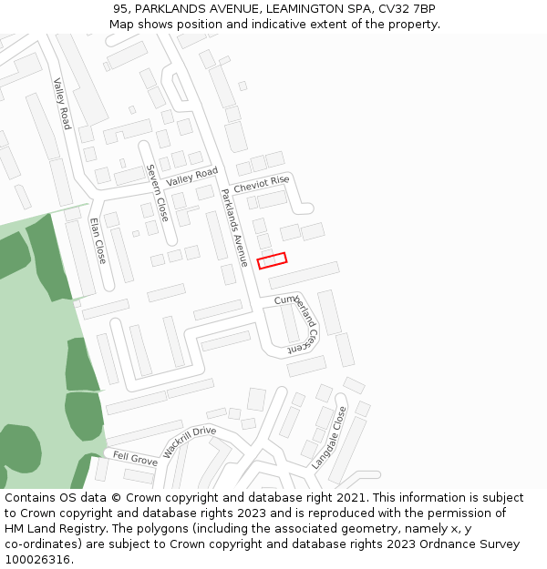 95, PARKLANDS AVENUE, LEAMINGTON SPA, CV32 7BP: Location map and indicative extent of plot