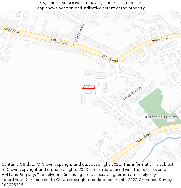 95, PRIEST MEADOW, FLECKNEY, LEICESTER, LE8 8TZ: Location map and indicative extent of plot
