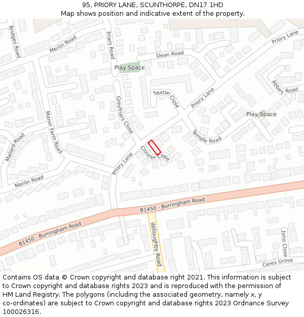 95, PRIORY LANE, SCUNTHORPE, DN17 1HD: Location map and indicative extent of plot