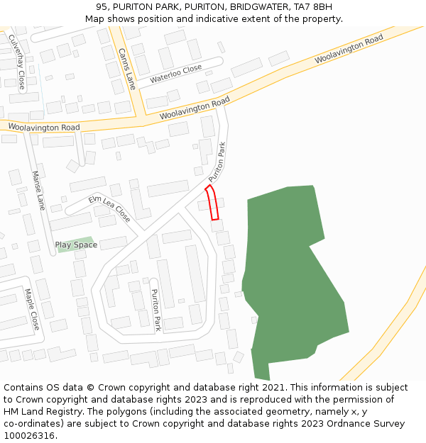 95, PURITON PARK, PURITON, BRIDGWATER, TA7 8BH: Location map and indicative extent of plot