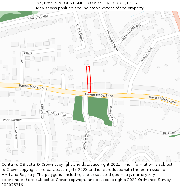 95, RAVEN MEOLS LANE, FORMBY, LIVERPOOL, L37 4DD: Location map and indicative extent of plot