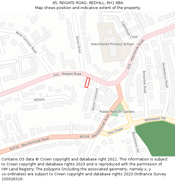 95, REIGATE ROAD, REDHILL, RH1 6BA: Location map and indicative extent of plot