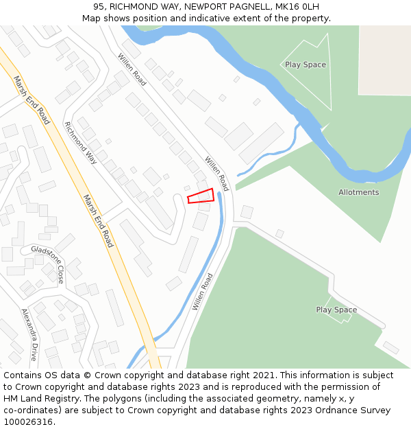 95, RICHMOND WAY, NEWPORT PAGNELL, MK16 0LH: Location map and indicative extent of plot