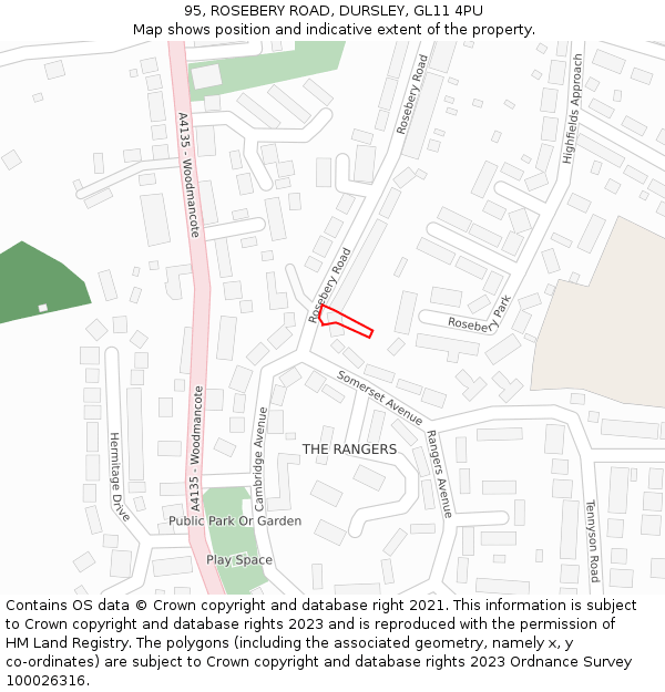 95, ROSEBERY ROAD, DURSLEY, GL11 4PU: Location map and indicative extent of plot