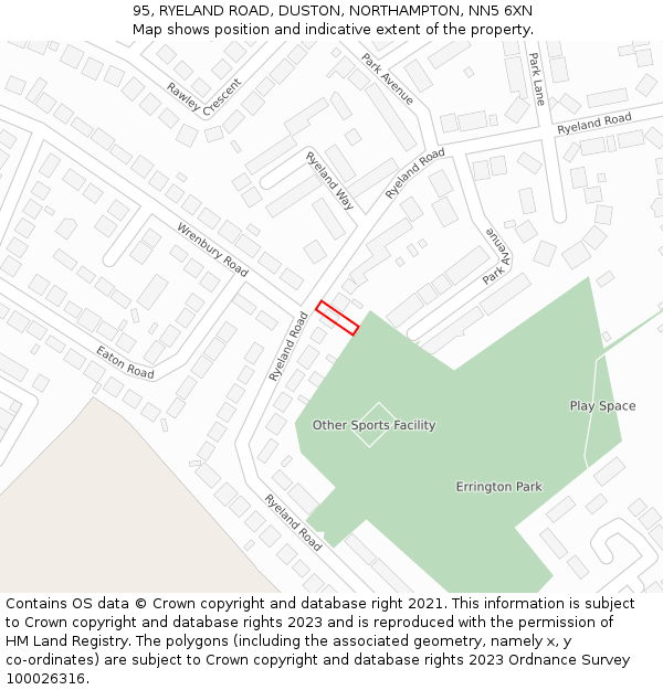 95, RYELAND ROAD, DUSTON, NORTHAMPTON, NN5 6XN: Location map and indicative extent of plot