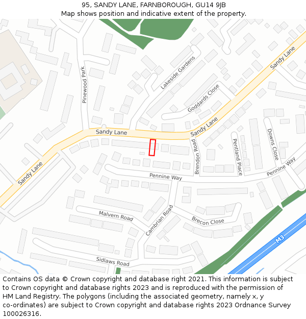 95, SANDY LANE, FARNBOROUGH, GU14 9JB: Location map and indicative extent of plot